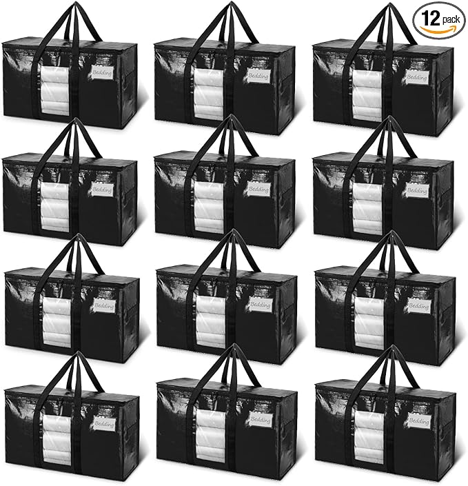 TAILI Extra Large Moving Bags, 12 Pack Black Heavy Duty Totes for Storage with Visible Window, Wrap Around Handles, Storage Bags for Space Saving, Alternative to Moving Boxes