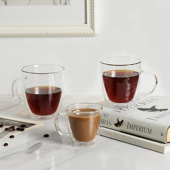 CNGLASS Large Double Wall Glass Coffee Mug 17 oz,Insulated Glass Coffee Cups with Handle,Set of 2