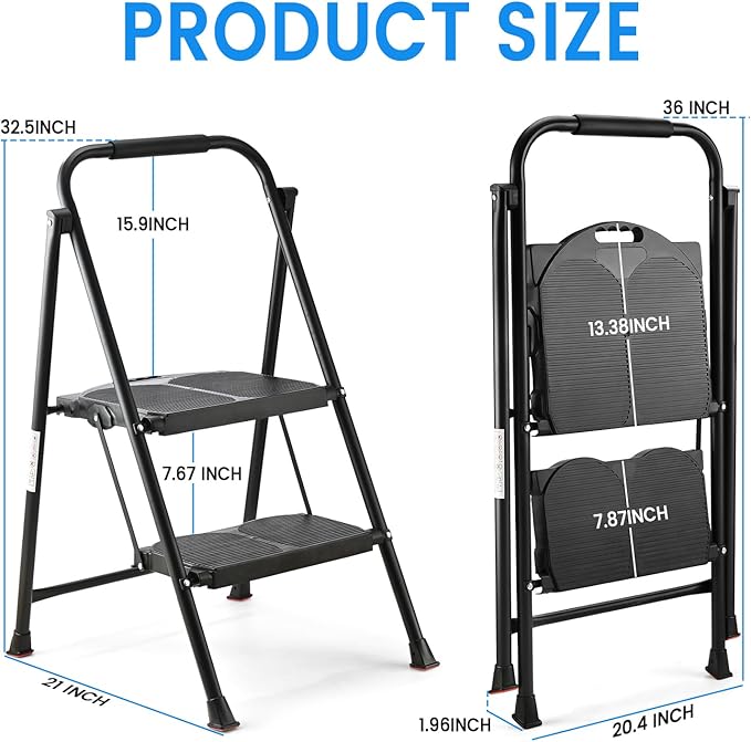 600lbs 2 Step Ladder,Folding Step Stool with Wide Anti-Slip Pedal, Heavy Duty Sturdy Steel Ladder with Handgrip,Portable Steel Step Stool for Home Kitchen Library Office (Matte Black)
