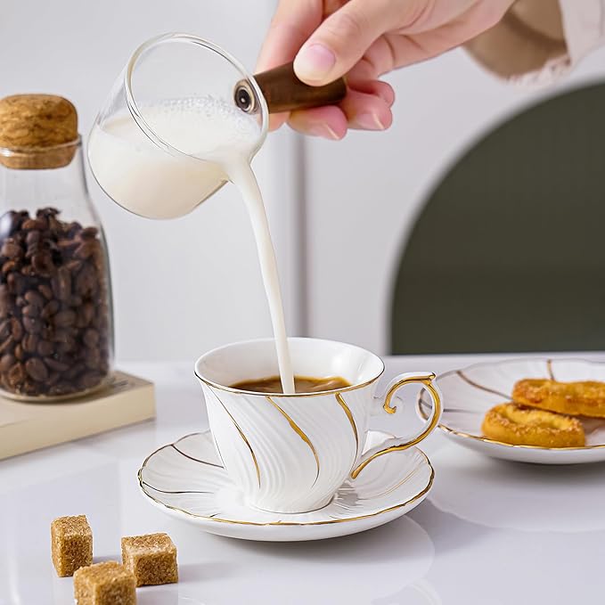 Ceramic Mini Espresso Cups Set of 4,3oz Espresso Mugs with Saucer,Porcelain Coffee Mugs Demitasse Cups, Modern Style cups for Latte, Cafe Mocha(4, White with gold thread)