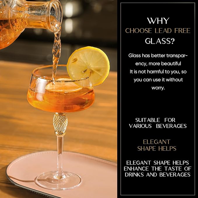 Gold Martini Glasses,Coupe Glass set of 4,Cocktail Glasses,Gold Rimmed&Rhinestones,Margarita Glass,Champagne Tower,Scocktail,Art Deco Glassware,Home Parties,9OZ