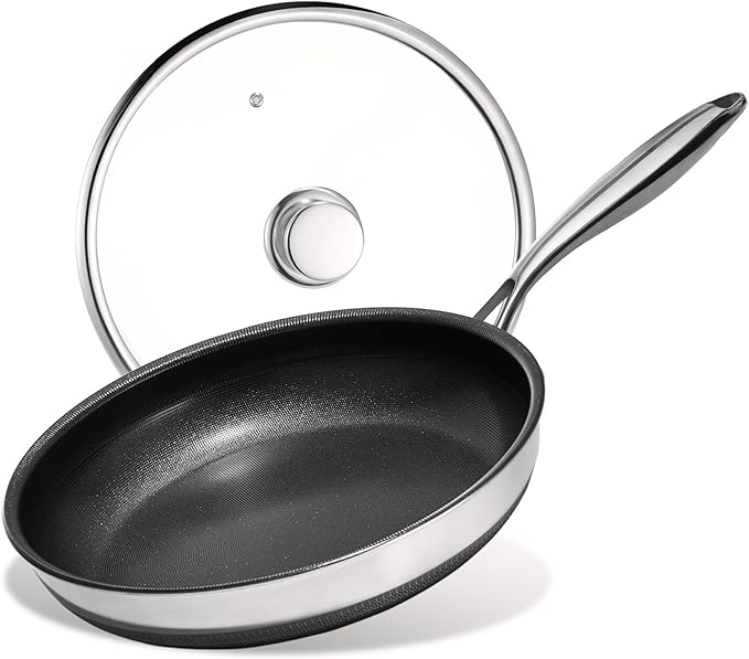KITEXPERT Non Stick Frying Pans with Lid, 10" Titanium Ceramic Pan Nonstick Stainless Steel Skillet, PFAS PFOA & PTFE Free, Quick-Cool Handle, Dishwasher & Oven Safe, Compatible with All Cooktops