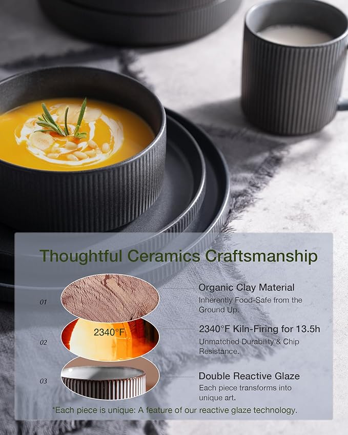 Famiware Star Dinnerware Set with Mugs, Service for 4 (16pcs), Ribbed Stoneware Plates and Bowls Dishes Sets - Chip & Scratch Resistant, Microwave & Dishwasher Safe, Matte Dark Charcoal