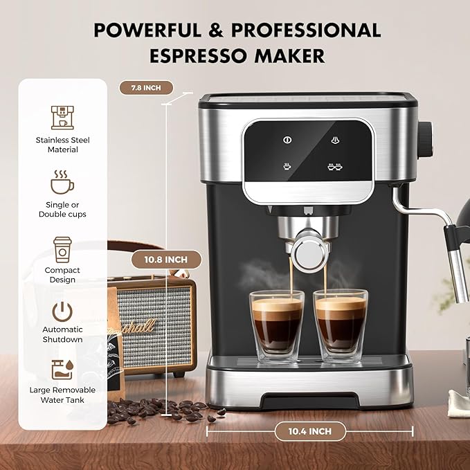 Espresso Machine 20 Bar, Professional Espresso Maker With Auto Milk Frother, Home Compact Espresso Coffee Machine With Led Touch Screen, 61OZ Removable Water Tank For Latte, Cappuccino