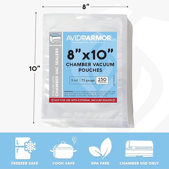 Avid Armor Chamber Vacuum Sealer Bags – Heavy Duty, BPA-Free, Pre-Cut Chamber Vacuum Bags for Food Preservation, Freezer Storage, Sous Vide and more, 250/Pack (8x10) – Multi-Use Vacuum Bags