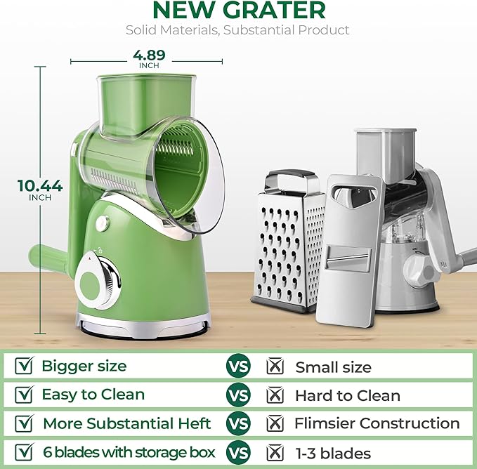SUSTEAS Rotary Cheese Grater with Handle,Vegetable Slicer with 6 Interchangeable Blades, Reinforced Suction,Easy to Clean,Kitchen Chopper for Crushed Ice,Fruits and Nuts with Blade Storage Case,Green