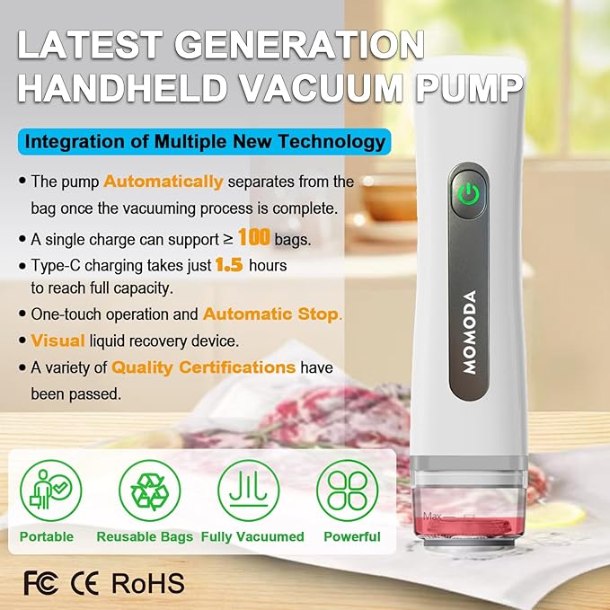 MOMODA Sous Vide Cooking Bags - Set of 30 | BPA-Free Reusable Vacuum Seal Bags with Air Valve for Joule and Anova Cookers | Freezer Safe Vacuum Food Storage Bags with Upgraded Electric Pump Included