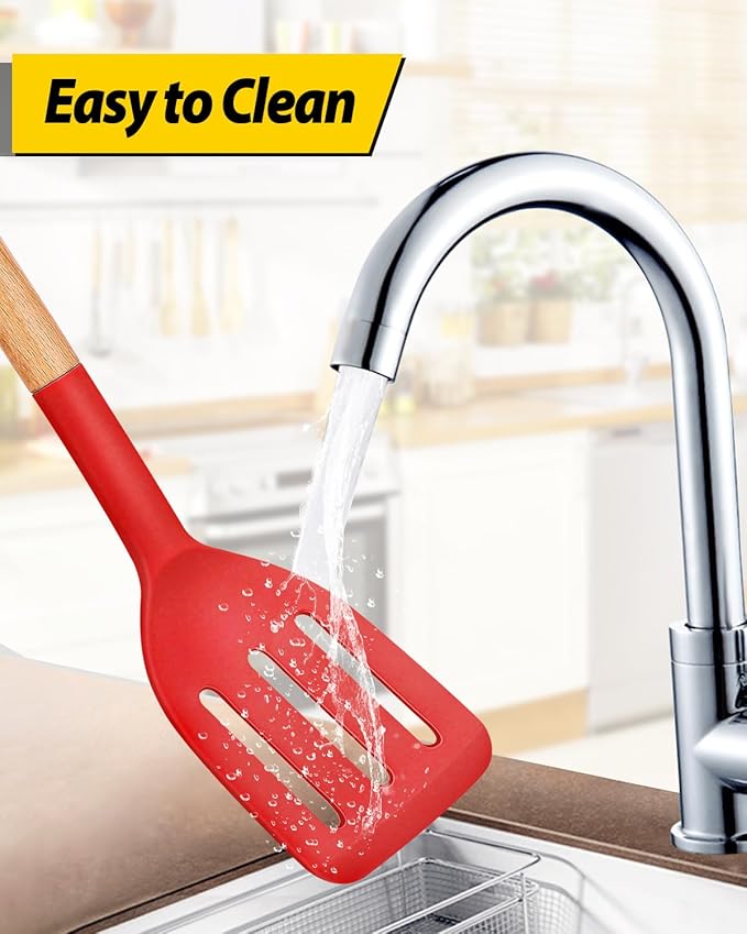 Pack of 2 Silicone Cooking Spatula, Heat Resistant Solid Turner, Non Stick Slotted Spatulas with Wooden Handle,Ideal Wood Kitchen Utensils Set for Frying, Baking, Flipping, Turning (RED)