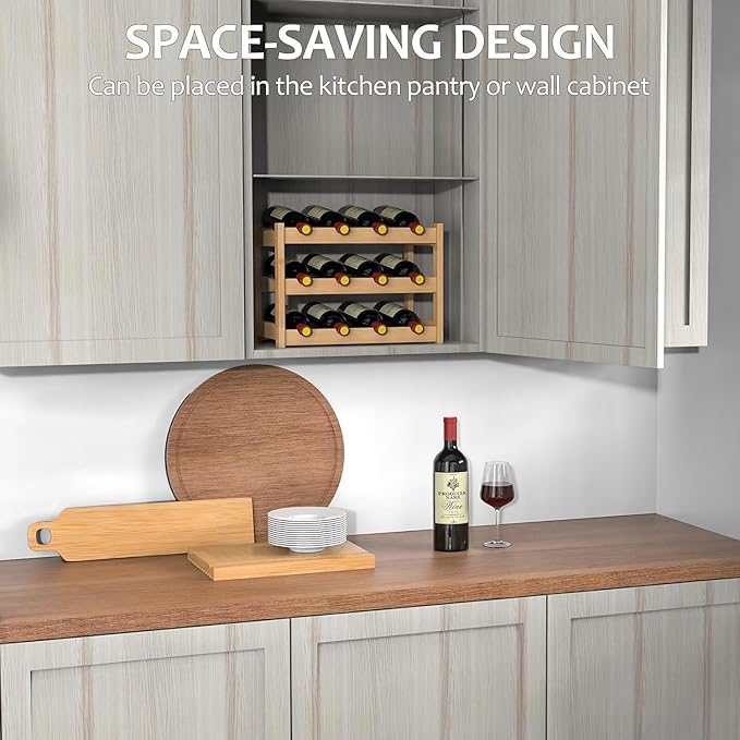 3 Tier Bamboo Wine Rack for Countertop, 12 Bottles Wine Storage Shelf for Kitchen Pantry Cabinet