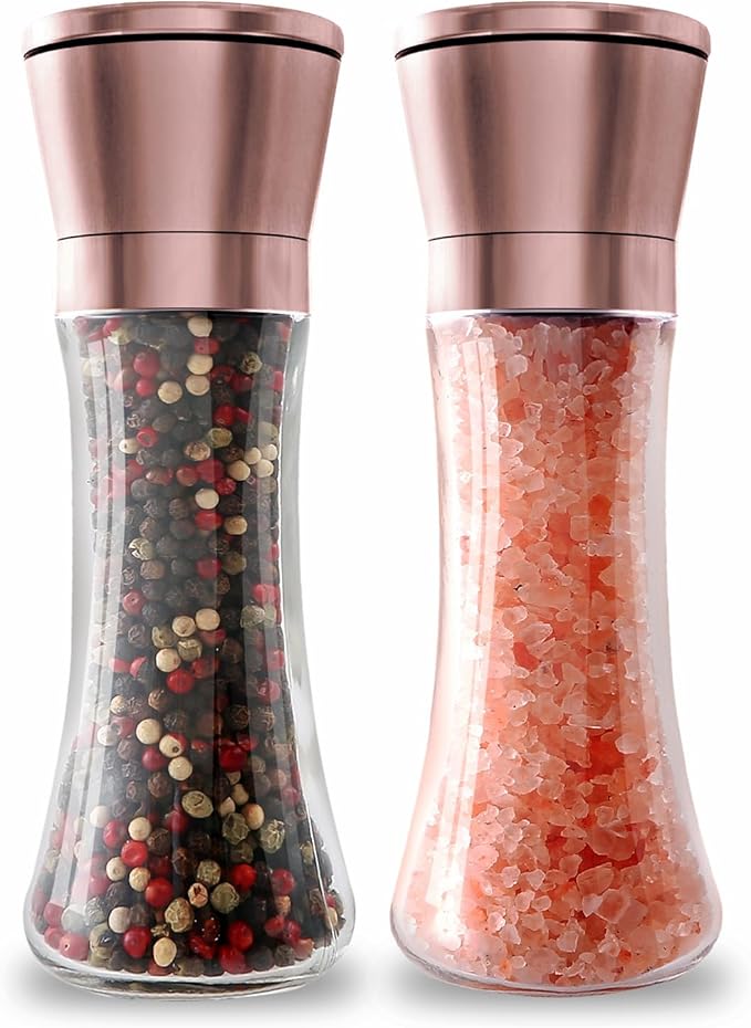 Salt and Pepper Grinder Set – 2-Pack Copper Stainless Steel Manual Mill with Adjustable Coarseness, Clear Glass Body & Ceramic Rotor