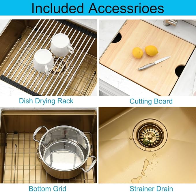 Small Gold Kitchen Sink, 21 x 18 Inch Gold Wet Bar Prep Undermount Kitchen Sink Workstation 16 Gauge Stainless Steel Single Bowl Basin
