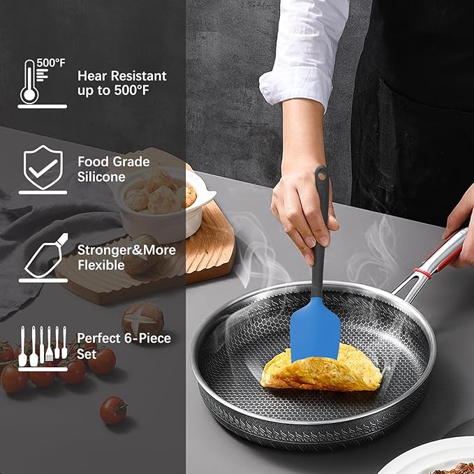 Silicone Spatula Set of 6, Food Grade, High Temperature Resistant, Dishwasher Safe, Suitable for Kitchen Baking, Cooking (Blue)