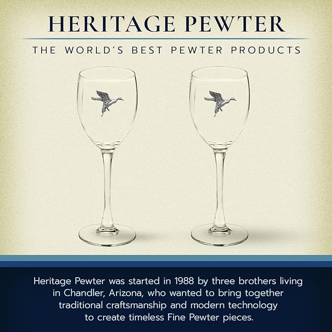 Heritage Pewter Pintail Duck Glass Goblets – Set of 2 | 12 OZ Goblet Wine Glasses | Expertly Crafted Pewter Glass