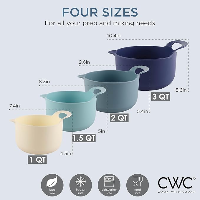 COOK WITH COLOR Nesting Plastic Mixing Bowl Set with Pour Spouts and Handles, Ombre Blue, 4 Piece Non-Slip