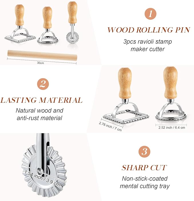 Geetery 5 Pcs Ravioli Mold Set 2.7 Inch Squares Ravioli Maker Cutter Include 1 Raviolis Maker Press 3 Pasta Cutter Stamp Makers 1 Wood Rolling Pin Pasta Making Tool for Home Kitchen Supplies (6 Holes)