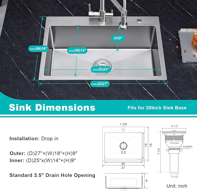 27 Inch Drop in Kitchen Sink with 2 Holes, 18 Gauge 304 Stainless Steel Topmount Single Bowl Handmade Kitchen Sink Brushed Nickel, D27" x W18" x H9"