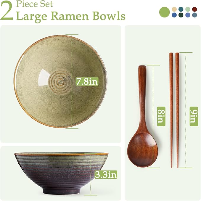NUTRIUPS 8 Inch Ceramic Ramen Bowl Set of 2 Pho Bowls 40oz Japanese Noodle Udon Soup Bowls with Spoons and Chopsticks (Misty Blue)