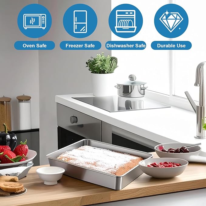 3 Set Stainless Steel Cake Pan with Lid, 13/11/9 Inch Rectangle Cake Pans Sets with Covers Baking Bakeware for Bread Fish Meat Vegetables, Non-Stick, Mirror Finish, Dishwasher Safe