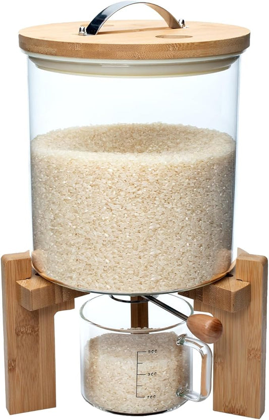 Rice Dispenser, Rice Storage Container, Flour and Cereal Container for Kitchen Organization and Pantry Store, Glass Cereal dispenser with Airtight Lid and Wooden Stand 5L