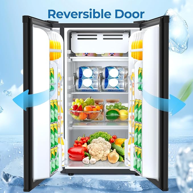 3.2 Cu.ft Mini Fridge with Freezer, Compact Refrigerator with Reversible Single Door, Adjustable Thermostat, Low Noise, Energy Efficient for Office, Dorm, Bedroom, Apartment (Black)