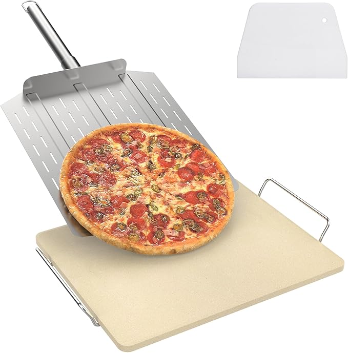 Universal Extra Large Pizza Stone with Rack for Oven, BBQ Grilling, 12" x 15" Natural Cordierite Rectangular Baking Stone Kit with Pizza Peel & Plastic Scraper for Baking Bread, Baking Pizza, Cookies
