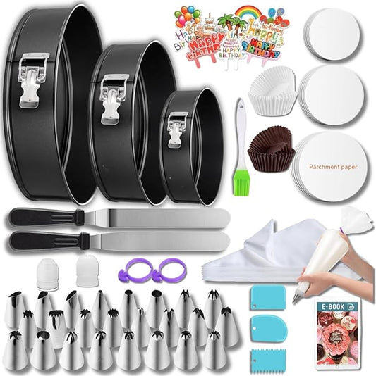 168pcs Cake Pan Sets for Baking + Cake Decorating Supplies: 3 Non-Stick Springform Pans Set (6, 8, 10 inches), Icing Tips – Multi-functional Leak-Proof CheeseCake Pan