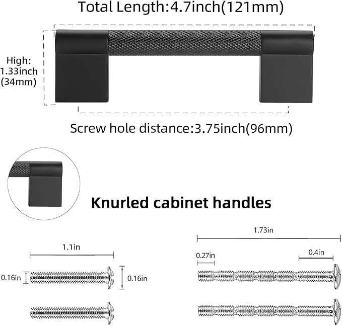 10 Pack 3-3/4 inch(96mm) Matte Black Kitchen Cabinet Handles Knurled Cabinet Pulls Black Drawer Pulls Kitchen Hardware