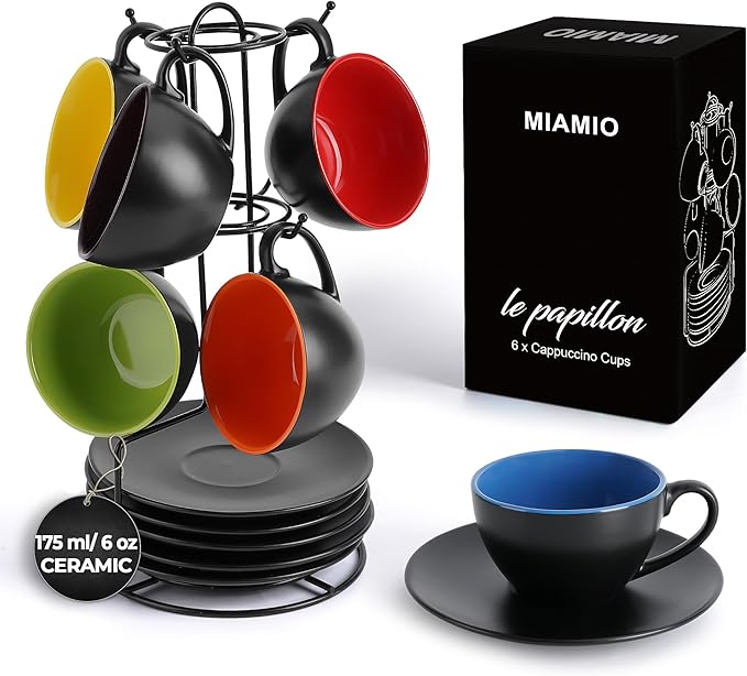 MIAMIO - Set of 6, Ceramic Stackable Cappuccino Cups Set / 6 Ounce Cappuccino Mugs and Saucer with Metal Stand for Coffee Drinks, Cafe, Latte, Americano and Tea - Le Papillon Collection (Mixed)