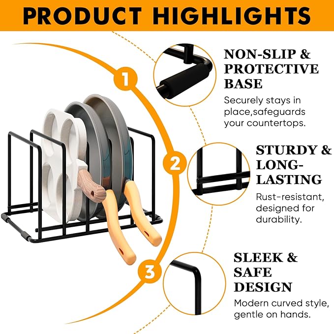 Kitchen Pan Organizer and Pot Rack, 5-Slot Steel Holder for Thin Pans, Baking Trays, and Cutting Boards - Space-Saving Storage