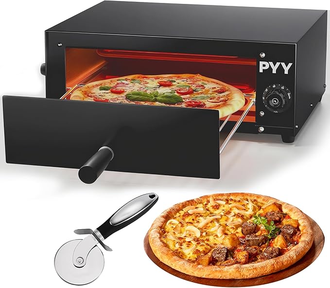 PYY Pizza Oven Electric - 12 Inch Tabletop Pizza Oven Indoor Stainless Steel Professional Pizza Cooker Baker Countertop with Timer & Crumb Tray for Home Restaurant 1100W,Black
