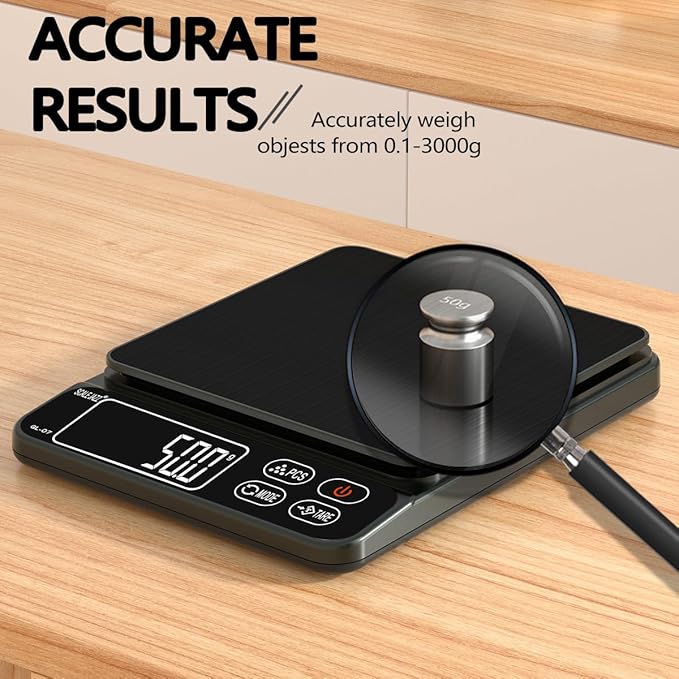 Mini Scale,6.6lb Scale for Grams,Digital Scale Food，Cooking Scale and Food Scales for Kitchen，Food Scale Grams and Ounces,Grams Scale,7Units,Auto Off,Tare,PCS,LCD Display