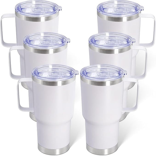20 oz Tumbler with Handle and Lid, Stainless Steel Tumbler Insulated Travel Coffee Mug, Spill Proof Double Wall Vacuum Tumbler Cup Keep Drink Hot & Cold,White, 6 Pack