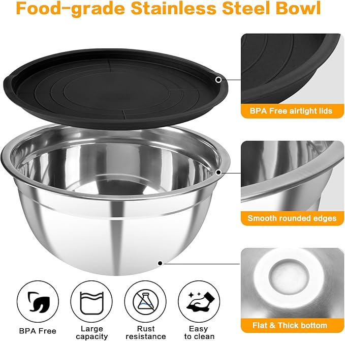 7 Piece Stainless Steel Mixing Bowls with Lids Set, Metal Mixing Bowls Nesting Design Salad Bowl for Kitchen Cooking, Baking, Prepping and Serving Food (Size 0.7, 1.1, 1.5, 2.1, 3.5, 4, 4.5QT)