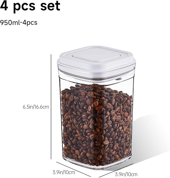 Pop Top Food Storage Container Set | 4Pcs Airtight Cereal Storage Organizer Canisters with Pop Lids, BPA-Free, Vacuum Seal & One-button Opening, Stackable Pantry Containers for Dry Food Storage