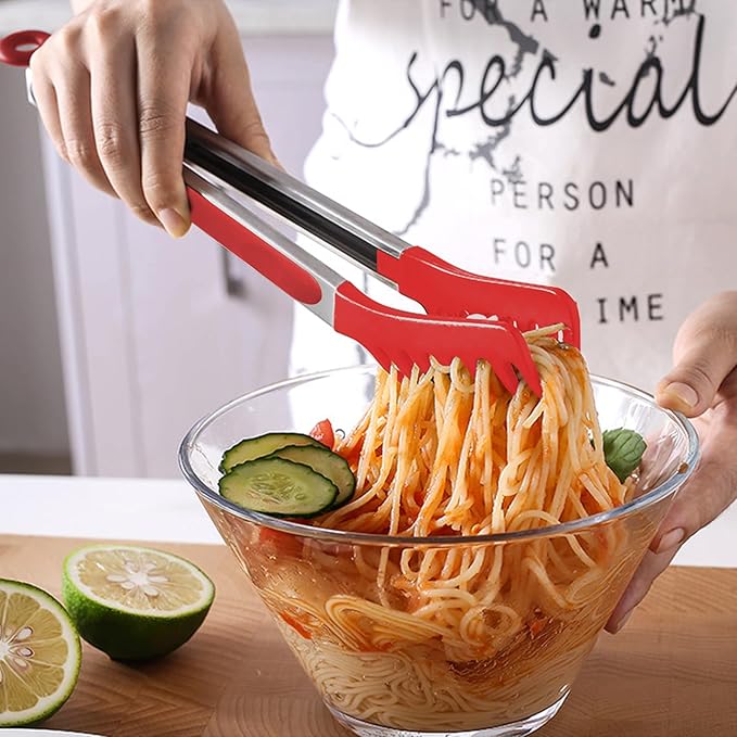 2 Pieces Spaghetti Spoon and Pasta Tong,Non-stick 13 Inch Silicone Spaghetti Fork and 9.8 Inch Stainless Steel Handle Spaghetti Tong Food Clip for Spaghetti Noodle (Red)