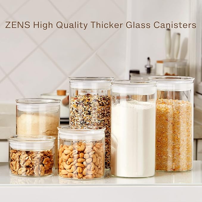 ZENS 74 fl.oz Glass Storage Containers with Airtight Lids, 2 Set 4.7in Wide Mouth Clear Food Storage Jars for Kithen Pantry Baking Flour, Clear Glass Canisters Sets for Pasta, Coffee Beans, Rice
