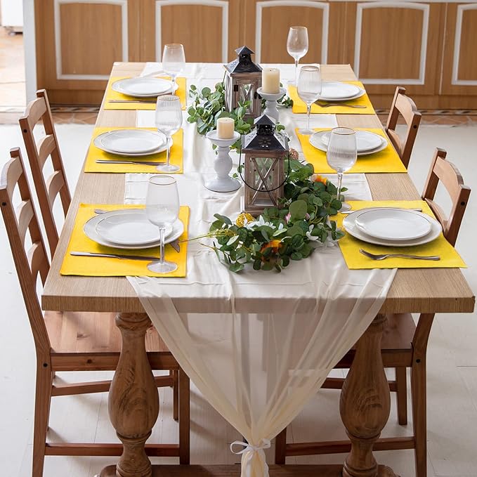 Linen Fabric Placemats Set of 6, Machine Washable, Heat Resistant, Wrinkle Free, Thick Polyester Kitchen Place Mats for Dining Table (Yellow)