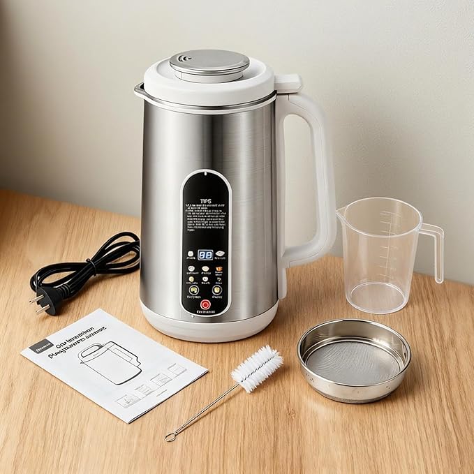 8 in 1 Nut Milk Maker Machine, Stainless Steel Automatic Nut Milk Maker, Delay Start & Keep Warm & Boil Water & Low Noise & Self-Clean, Soy Milk Maker for Almond, Oat, Juice, Coconut