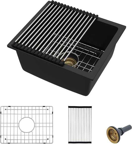 18"x16" Undermount Bar Prep Sink – Matte Black Granite Composite Quartz Classic Under Counter Single Bowl Sink Basin for Wet Bar, RV, Small Kitchen, Mobile Home