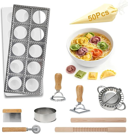 10Pcs Ravioli Cutter Mold, Pasta Making Kit with Round, Square Ravioli Stamp Maker Cutter, Ravioli Making Set Wood Rolling Pin
