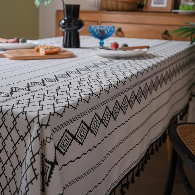 Cotton Linen Table Cloths Boho Farmhouse Heavy Fabric Table Cover Burlap Striped Washable Table Top For Parties Coffee Kitchen Picnic White Black Tassels(Rectangle/Oblong, 55" x 102"(8-10 Seats)