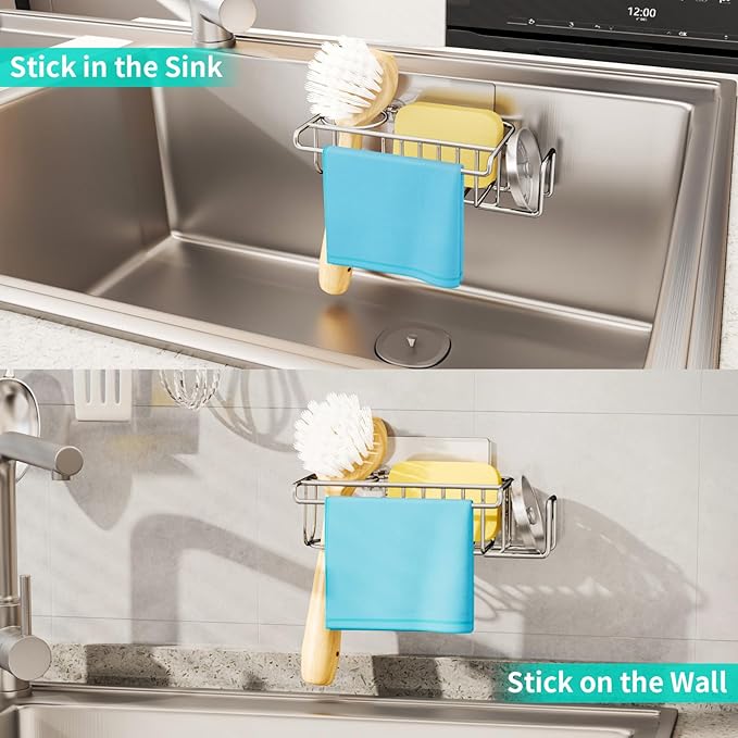 HapiRm 4 in 1 Sink Caddy Sponge Holder, SUS304 Stainless Steel Kitchen Brush Holder + Dish Cloth Hanger + Soap Rack + Sink Stopper Rack + Sponge Caddy for Kitchen - Silver