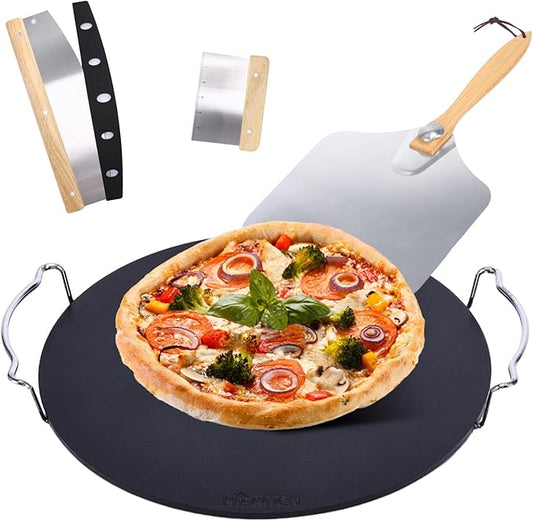 Hisencn 13" Round Pizza Steel for Oven & Grill – Ceramic Baking Steel Pizza Stone Set with Rack, Pizza Peel, Cutter & Dough Scraper, Crack-Resistant & High Heat Conductivity for Crispy Crust
