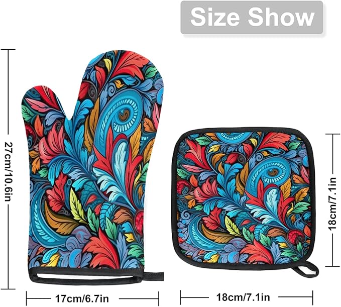 Oven Mitts Pot Holders Set 3 for Kitchen, Retro Flowers Insulation Oven Gloves Heat Resistant Pot Pads Cook Essentials Accessories for BBQ Baking Cooking Kitchen Decor Gifts for Women