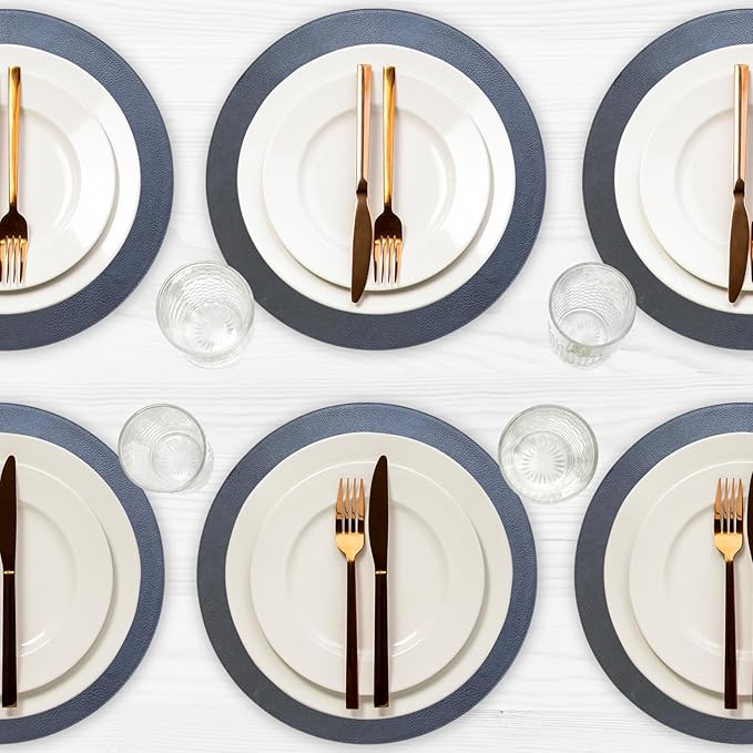 Morgan Faux Leather Set of 12 Placemats, 15" Round, Navy, Heat Resistant, Stain Resistant, Non-Slip, Reversible, Durable Table Mats for Kitchen, Dining Table, Indoor Washable Use