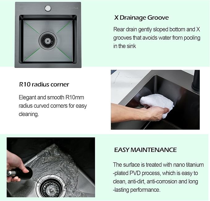 Drop In Kitchen Sink, 15 x 15 Inch Single Bowl Topmount Bar Prep Sink 16 Gauge T-304 Stainless Steel Gunmetal Black Kitchen Sinks