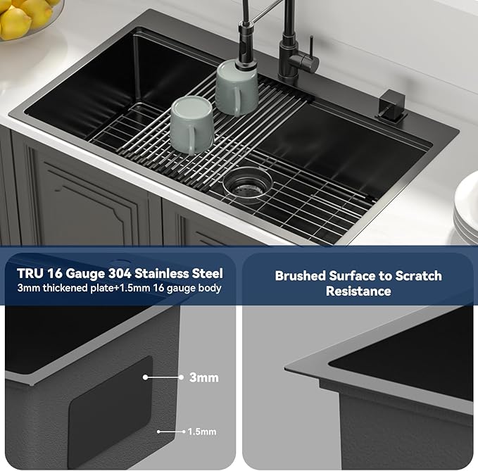 Lordear 36 Inch Black Drop In Kitchen Sink - 36x22x10 Inch Drop in Top Mount Sink 16 Gauge Stainless Steel Single Bowl Ledge Worktation Kitchen Sinks Handmade Deep Basin With Cutting Board