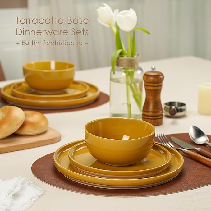 24 Pieces Farmhouse Stoneware Dinnerware Set for 8, Speckled Ceramic Plates and Bowls Set, Matte Terracotta Underside Ceramic Dish Set Scratch Resistant Microwave Dishwasher Safe (Ginger Gold)