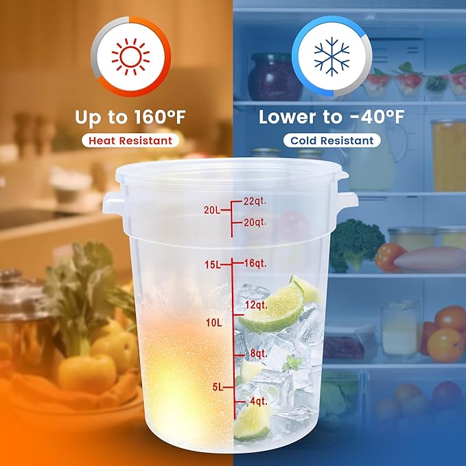 4 Pack 22QT Round Food Storage Containers with Lids, BPA-Free Polypropylene NSF Commercial Food Container, with Labels & Measuring Cup