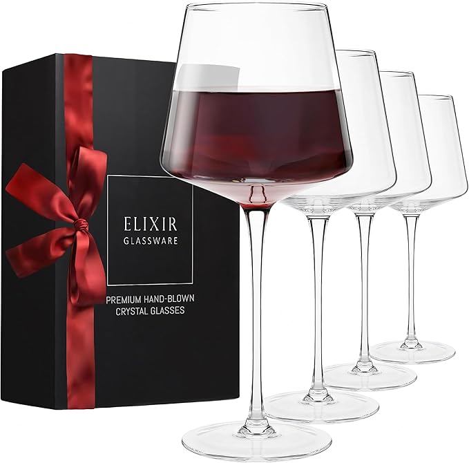 ELIXIR GLASSWARE Red Wine Glasses Set of 4-22 oz - Hand Blown Crystal Long Stem Glasses - Unique Large Wine Glasses with Stem
